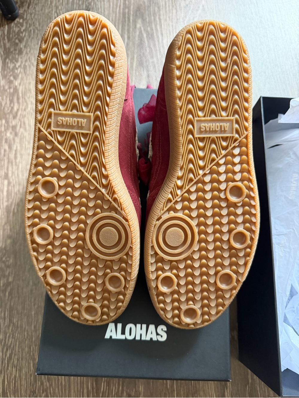 ALOHAS Women's Burgundy Suede Sneakers with Cream Lace Trim - Picture 3 of 4